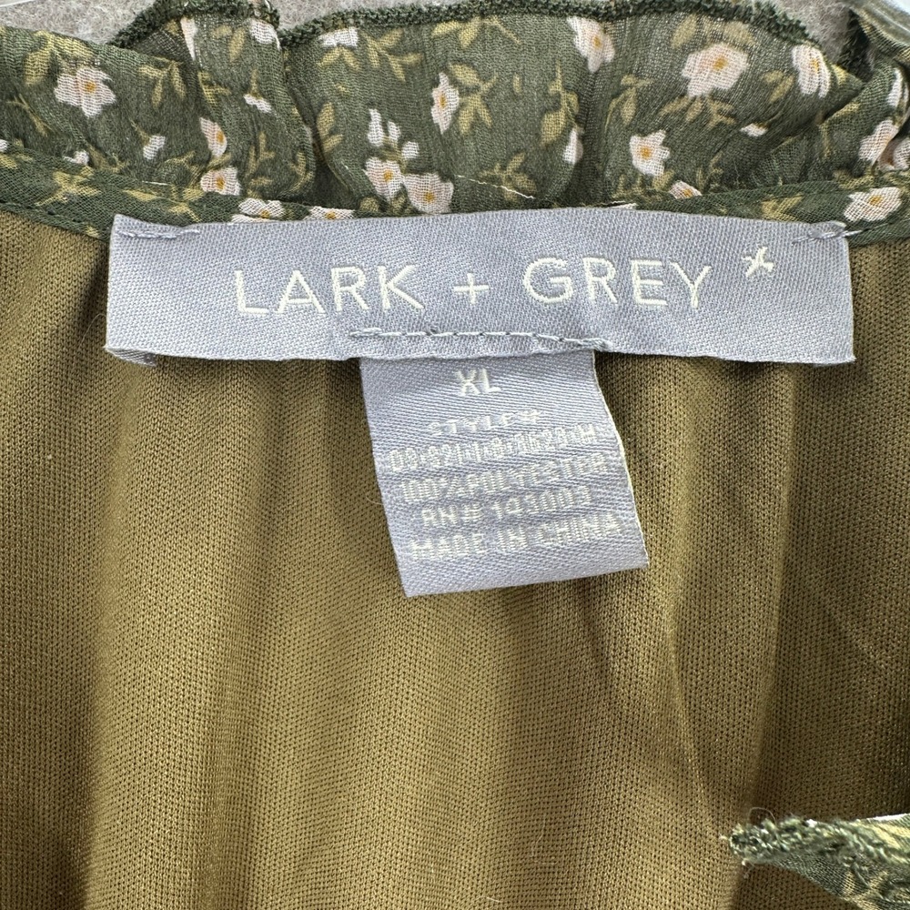 Lark + Grey Olive Green Floral Chiffon Tiered Cottagecore Dress XL Ruffle - Picture 5 of 8